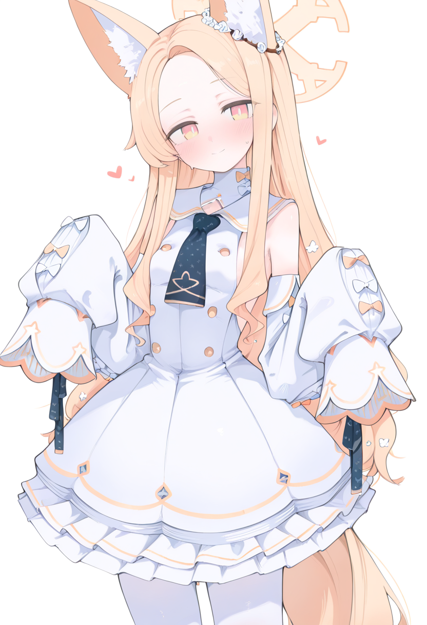 mikozin style, seia \(blue archive\),  1girl, solo, blonde hair, long hair, animal ears, animal ear fluff, tail, smile, looking at viewer, halo, yellow halo, heart, dress, white dress, detached sleeves, sleeves past wrists, sleeves past fingers, white sleeves, pantyhose, white pantyhose, masterpiece, best quality, amazing quality, absurdres