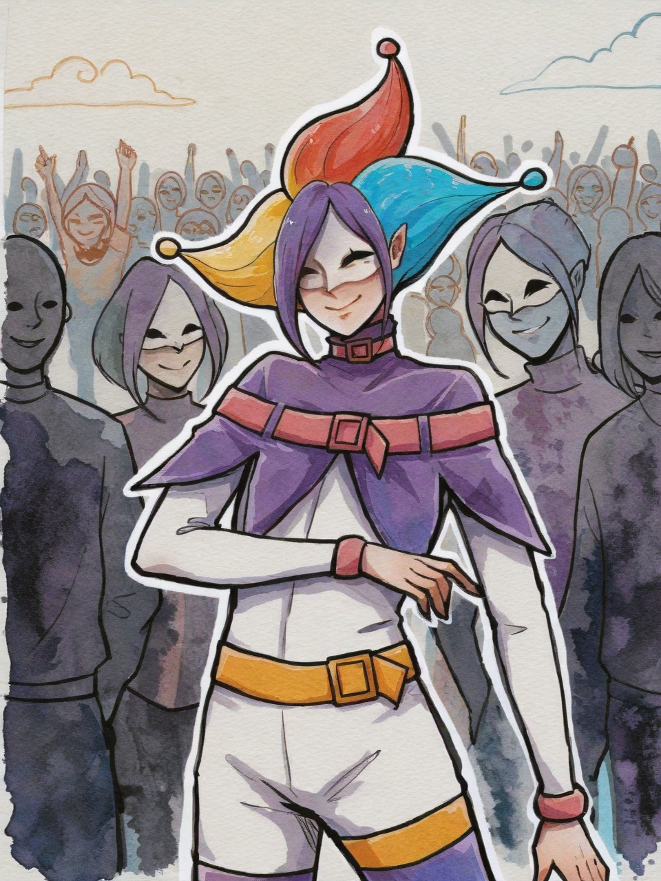 ILXLpos,VTWTR,watercolor \(medium\),painting \(medium\),joker,cowboy shot,smile,crowd,<lora:Joker (Rascal):0.8>,<lora:VitWater Style:0.8>