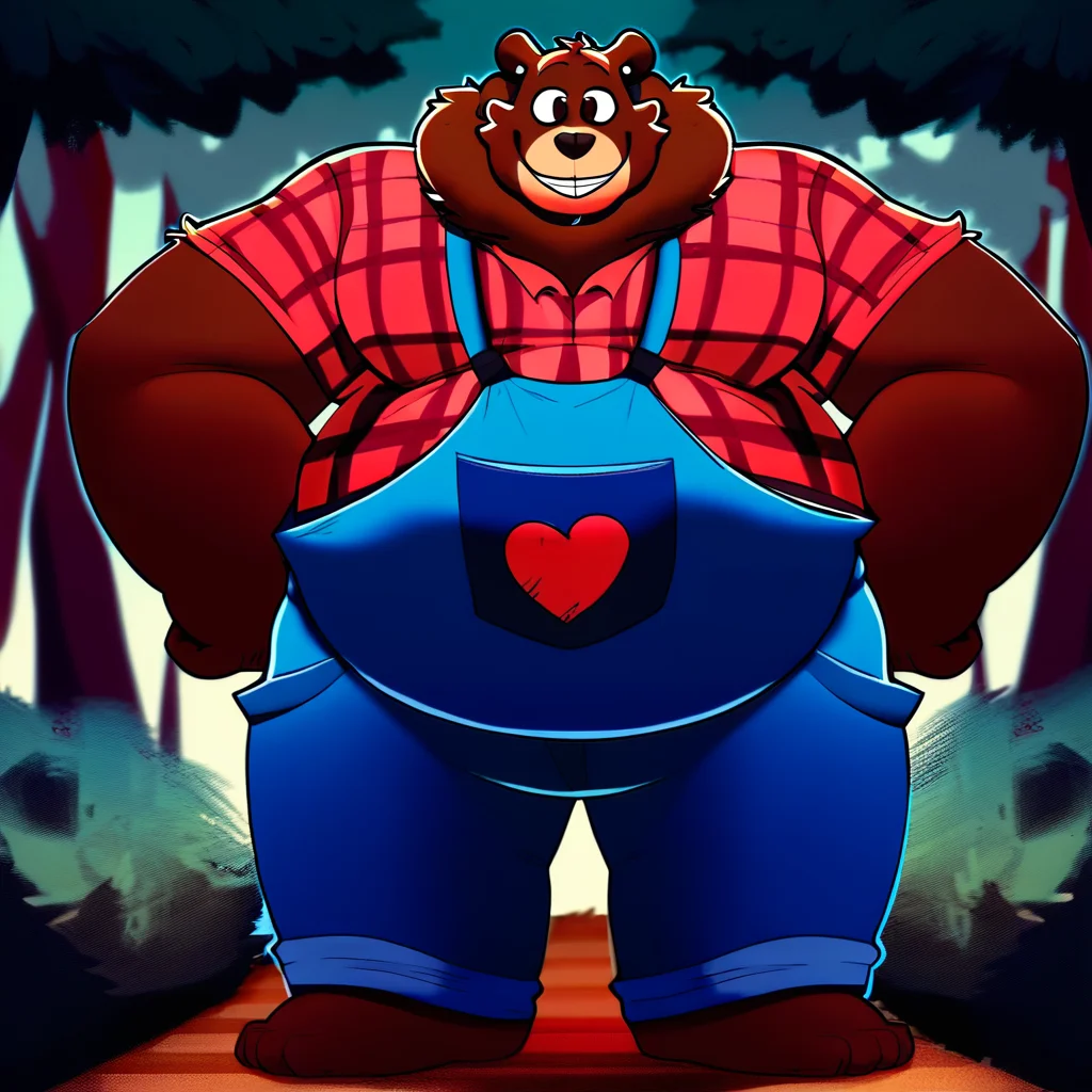score_9, score_8_up, score_8, furry, Cade, bear, brown fur, neck tuft, cartoon style, 2d, overweight male, huge pecs, thick thighs, wide hips, solo, overalls, red plaid undershirt, barefoot, standing, smile, hands on hips, looking at viewer, outside, forest