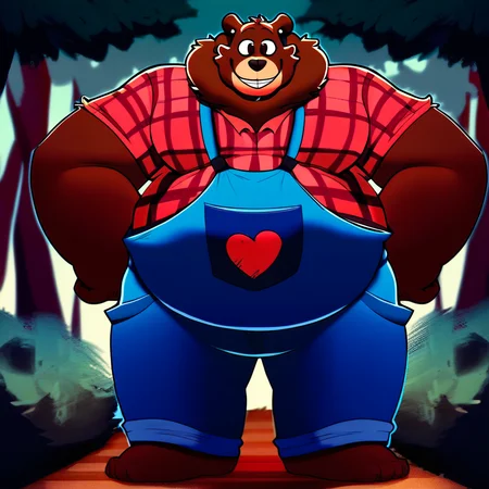 score_9, score_8_up, score_8, furry, Cade, bear, brown fur, neck tuft, cartoon style, 2d, overweight male, huge pecs, thick thighs, wide hips, solo, overalls, red plaid undershirt, barefoot, standing, smile, hands on hips, looking at viewer, outside, forest