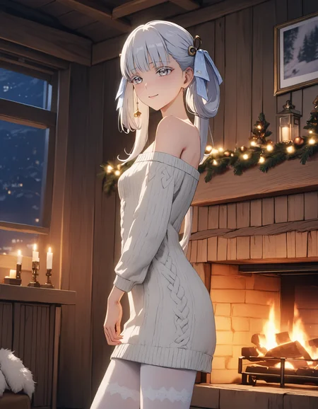 masterpiece, best quality, 8K, very aesthetic, UHD, volumetric lighting, natural lighting, highly detailed, intricate details, 1girl, home clothes, white wool sweater, tights, wool socks, bare shoulders, twintails, white eyelashes, white hair, white eyes, shy, embarrassed, smiling, lifelike female body, perfect female body shape, narrow waist, side view, standing, dim light, christmas decorations, fireplace, night, cozy wooden house, <lora:Jinhsi_V1.11:0.7>
