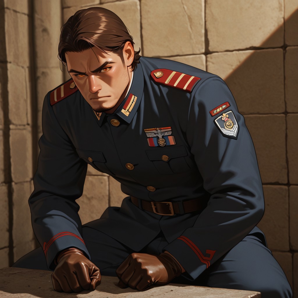 masterpiece, best quality, amazing quality, absurdres, newest, detailed background, definition so sharp, Ultra-HD, 8K cinematic, very awa, impressionate, amazing quality, highres, 
solo, male focus, manly, shadow, shiny skin,
shimonmakusu, shimon_brunette, shimon_orange eyes, 1boy, short hair, stubble, goatee, mature male, authority, commanding_presence, stern_expression, military_uniform, leather_gloves, imposing, disciplined, unyielding, straight_posture, leader, sharp_suit, power_stance, stone_face