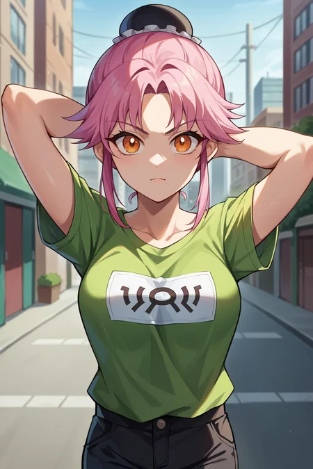 score_9, score_8_up, score_7_up, score_6_up, source_anime, BREAK 1girl, solo <lora:dqmaam-pdxl-nvwls-v1-000005:1> martialMaam, pink hair, orange eyes, hair bun, short hair, green t-shirt, black pants, city, looking at you, medium breasts, arms behind head,