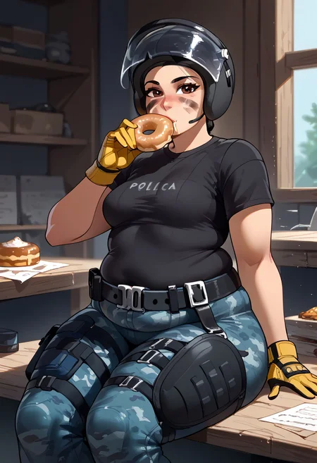 score_9, score_8_up, score_7_up, BREAK,Expressiveh, (masterpiece, best quality, highres detail),inside ,workshop,<lora:Mira_Rainbow_Six_Siege_PONY_XL_by_UOC:1>, mira, mira \(Rainbow Six Siege\),1girl,adult,solo,from sideways,sitting ,eating donuts ,looks at viewer,horny,((chubby:1),small breasts ,fupa),beutiful face ,facepaint,lips,helmet,face shield,beutiful eyes,brown eyes,yellow gloves,black t-shirt,blue camouflage pants, belt