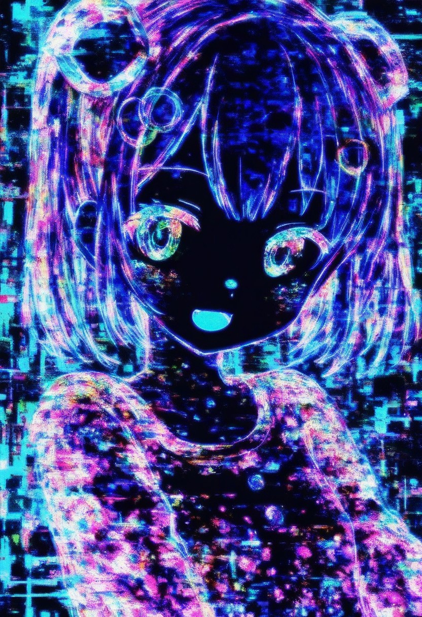 GLTST, Glitch, , 1girl, solo, looking at viewer, abstract, smile, glitch, open mouth, upper body, colorful, hair ornament, short hair, twintails