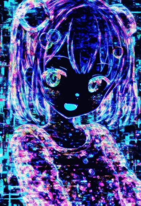 GLTST, Glitch, , 1girl, solo, looking at viewer, abstract, smile, glitch, open mouth, upper body, colorful, hair ornament, short hair, twintails