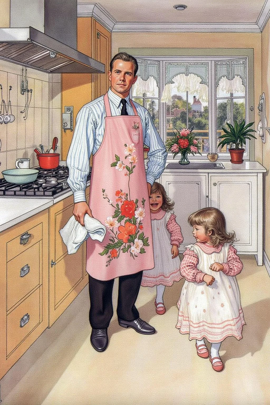 car1ar painting.
A father, and two little girls. The father, positioned centrally, is dressed in a white shirt, black trousers, and a pink apron adorned with a floral pattern. His hair is neatly combed, and he holds a towel in his right hand. He looks slightly stern, standing in front of a modern kitchen with a light-colored countertop and white cabinets.
To the right, two little girls are walking away while laughing at their father
<lora:car1ar1_cap_d6a3:1.0><lora:825499268694477644:0>