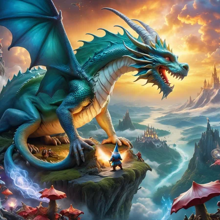 Fujifilm quality photograph (best quality)++, (masterpiece)++, (detailed)+, elf on the shelf fighting a Dragon, (fantasy illustration)1.3, enchanting Dragon battle elf on the shelf, mystical battle, (many gnomes battling)1.4 (whimsical charm).4 Otherworldly charm, mystical sky, (Luis Royo)1.2, (Yoshitaka Amano)1.1, moonlit night, soft colors, (detailed cloudscape)1.3, (high-resolution)1.2 (gnomes  battling everywhere)1.2 , <lora:DonM3t3rn1tyXL-v1.1:0.3> DonM3t3rn1tyXL <lora:DonMD1g174l4sc3nc10nXL:0.3> DonMD1g174l4sc3nc10nXL  <lora:Dragons:0.8> dragon  <lora:EnvyMagicalXL01:0.3> magical <lora:FantasyLandscape:0.8> FanLan