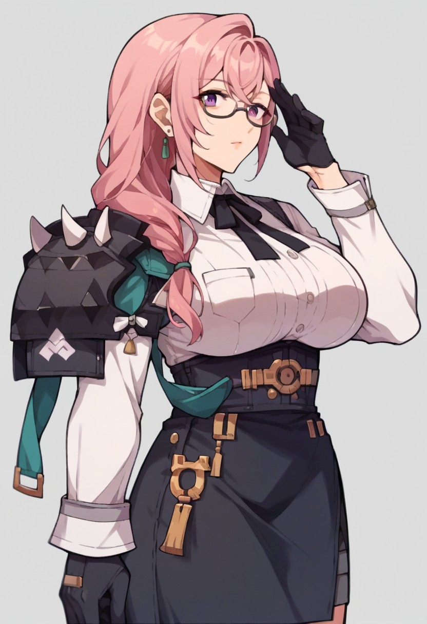 score_9,score_8_up,score_7_up,score_6_up,  fe9portraits, solo, cowboy shot, simple background, 1girl, female focus Yanagi, earrings, pink hair, long hair, huge breasts, purple eyes, braided ponytail, glasses, under-rim eyewear,  white shirt, collared shirt, long sleeves, white sleeves, shoulder armor, black gloves, adjusting eyewear, hand on eyewear, black skirt, high-waist skirt,zPDXL3,