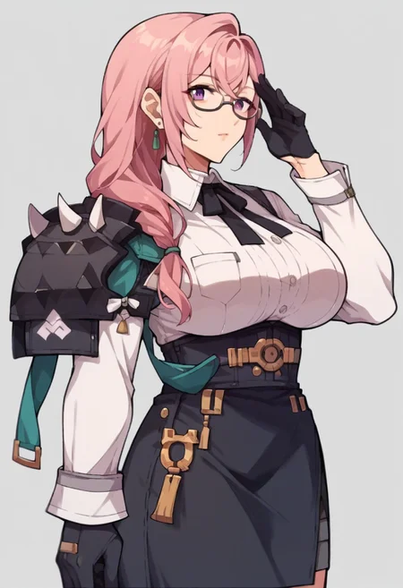 score_9,score_8_up,score_7_up,score_6_up, fe9portraits, solo, cowboy shot, simple background, 1girl, female focus Yanagi, earrings, pink hair, long hair, huge breasts, purple eyes, braided ponytail, glasses, under-rim eyewear, white shirt, collared shirt, long sleeves, white sleeves, shoulder armor, black gloves, adjusting eyewear, hand on eyewear, black skirt, high-waist skirt,zPDXL3,