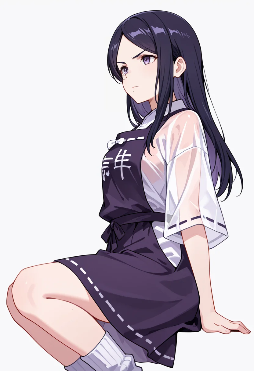 masterpiece,high quality details, absurdres,
<lora:Kohinata:0.8>
kohinata_cnr, 1girl, black hair, long hair,parted bangs, purple eyes,mole under mouth,, simple background, white background, from side,solo,, scowl,color drain,, see-through shirt ,kariginu,apron skirt, ,tube socks,