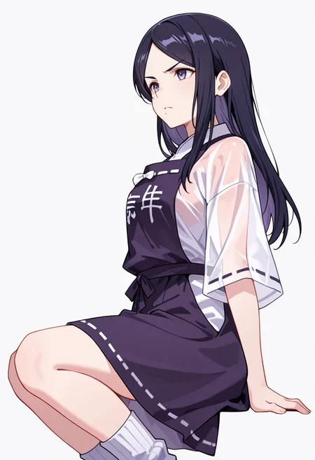 masterpiece,high quality details, absurdres,
<lora:Kohinata:0.8>
kohinata_cnr, 1girl, black hair, long hair,parted bangs, purple eyes,mole under mouth,, simple background, white background, from side,solo,, scowl,color drain,, see-through shirt ,kariginu,apron skirt, ,tube socks,