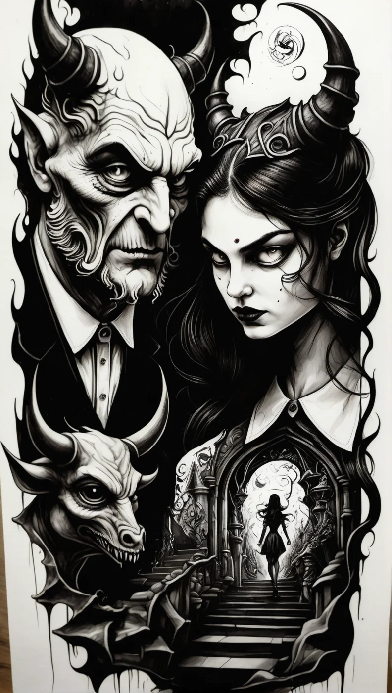illusionix devil and girl, black ink<lora:illusionix:1>