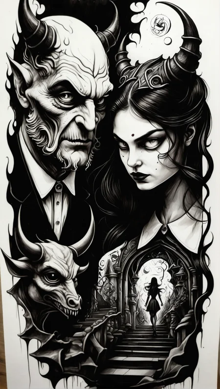 illusionix devil and girl, black ink<lora:illusionix:1>