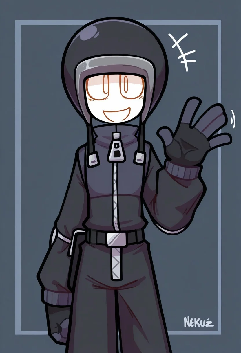 masterpiece, best quality, highres, nekuzx, BREAK, 1boy, solo, climber_con, white skin, colored skin, drawn face, black eyes, white eyes, heterochromia, no pupils, helmet, jumpsuit, zipper, belt, gloves, looking at viewer, open mouth, smile, waving, standing, cowboy shot, simple background