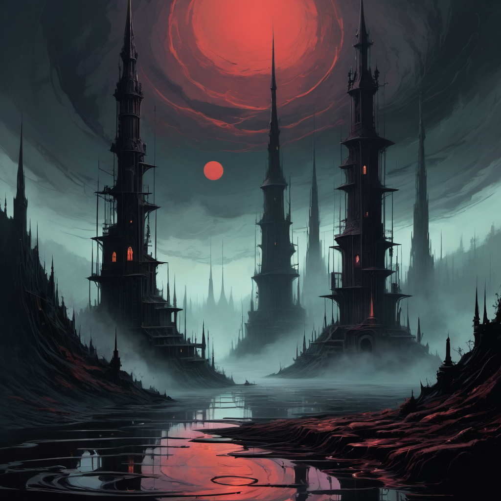 Dystopian style three differently colored fluids spiraling towards each other
medieval, ((Fantasy-themed, fantasy art, swift brush strokes)), (Pulp:0.9), ((Dark and grim colors and mood)), embossed in metal (Victorian Gothic Art:1.3),(Dark hue:1.3)
fancy Crater
foggy weather
Dariusz Zawadzki, Ettore Sottsass, Owlturd . Bleak, post-apocalyptic, somber, dramatic, highly detailed