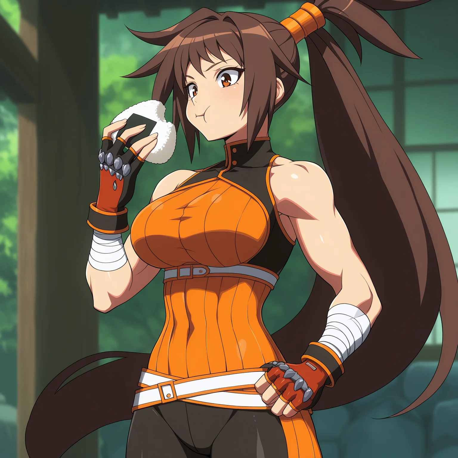masterpiece, best quality, amazing quality, anime screencap, 1girl, solo, standing, cowboy shot, eating, onigiri, <lora:strikerDNF:0.9>, strikerDNF, toned female, brown hair, long ponytail, large breasts, orange bodysuit, sleeveless, fingerless gloves, bandages, black pants,
