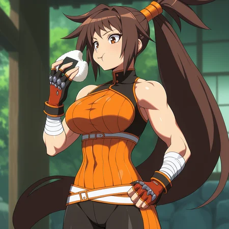 masterpiece, best quality, amazing quality, anime screencap, 1girl, solo, standing, cowboy shot, eating, onigiri, <lora:strikerDNF:0.9>, strikerDNF, toned female, brown hair, long ponytail, large breasts, orange bodysuit, sleeveless, fingerless gloves, bandages, black pants,