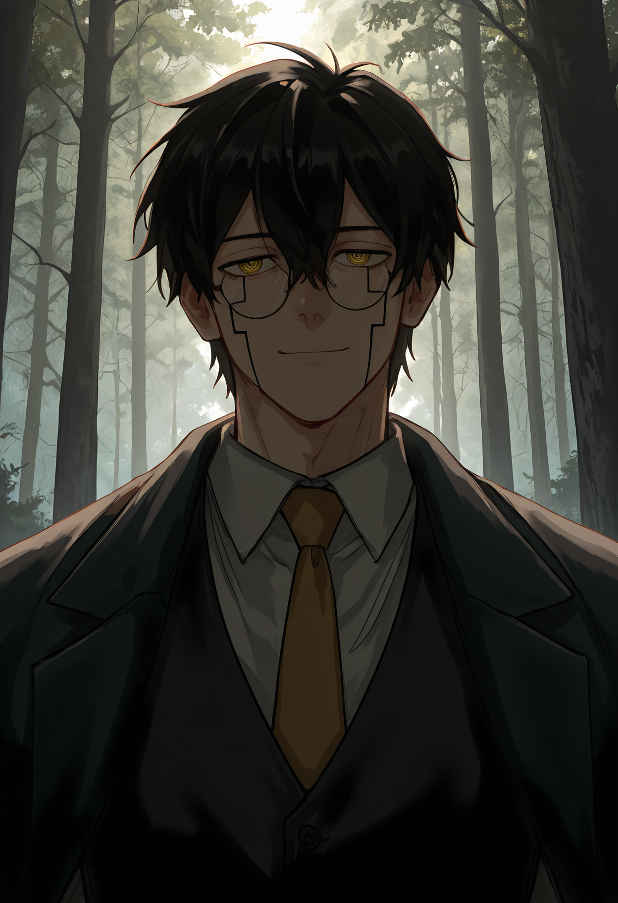masterpiece, best quality, amazing quality, very aesthetic, absurdres, newest, detailed background, 0rt3r, 1boy, male focus, solo, facial tattoo, black hair, yellow eyes, ringed eyes, hair between eyes, glasses, upper body, cloak, vest, collared shirt, necktie, smile, forest