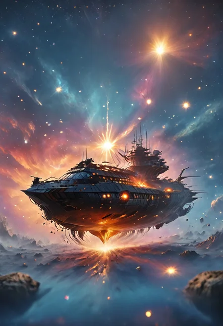 high quality, 8K Ultra HD, highly realistic, The great and sleek black ship is moving forward, blasting through space. It has powerful cannons facing forward that are unleashing powerful blue neutron beams upon an unseen foe. Embark on an enchanting 8K photorealistic journey as a magnificent starship blasts through a star system. The ship gracefully flies among other ships. The starship's design boasts advanced technological elements. The camera captures every minute detail, by VelvetS, octane render,from slightly to the side. perfectly symmetrical ship. Weapons fire blue energy beams,
<lora:DonM3t3rn1tyXL-v1.1:0.7>, DonM3t3rn1tyXL,
OverallDetailXL <lora:MJ52:0.3> <lora:SDXLFaeTastic2400:0.4>