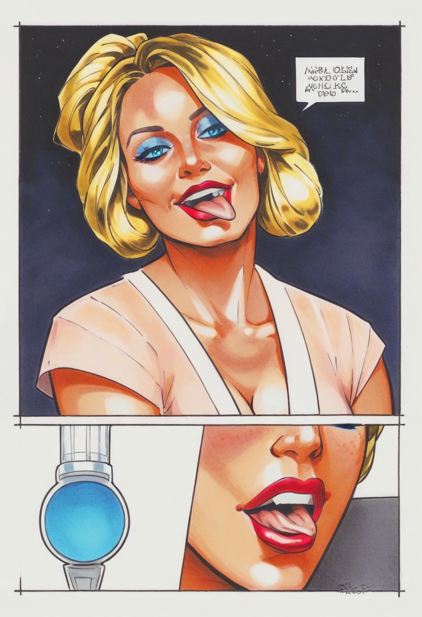 hapstyle, fetish, kink, comic artwork,score_9, score_8_up, score_7_up, extremely detailed,
1woman, adult woman, age:35, portrait, blonde, athletic, in bed, mouth open wide, sticking tongue out, excited, eyes closed, ((blue eye shadow)), glossy red lipstick, shiny skin glistening,  beautiful neck, messy bun, woman's suit,