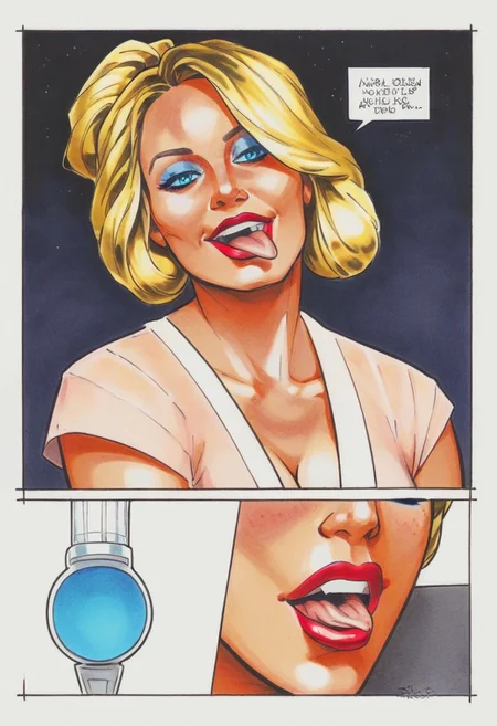 hapstyle, fetish, kink, comic artwork,score_9, score_8_up, score_7_up, extremely detailed,
1woman, adult woman, age:35, portrait, blonde, athletic, in bed, mouth open wide, sticking tongue out, excited, eyes closed, ((blue eye shadow)), glossy red lipstick, shiny skin glistening,  beautiful neck, messy bun, woman's suit,
