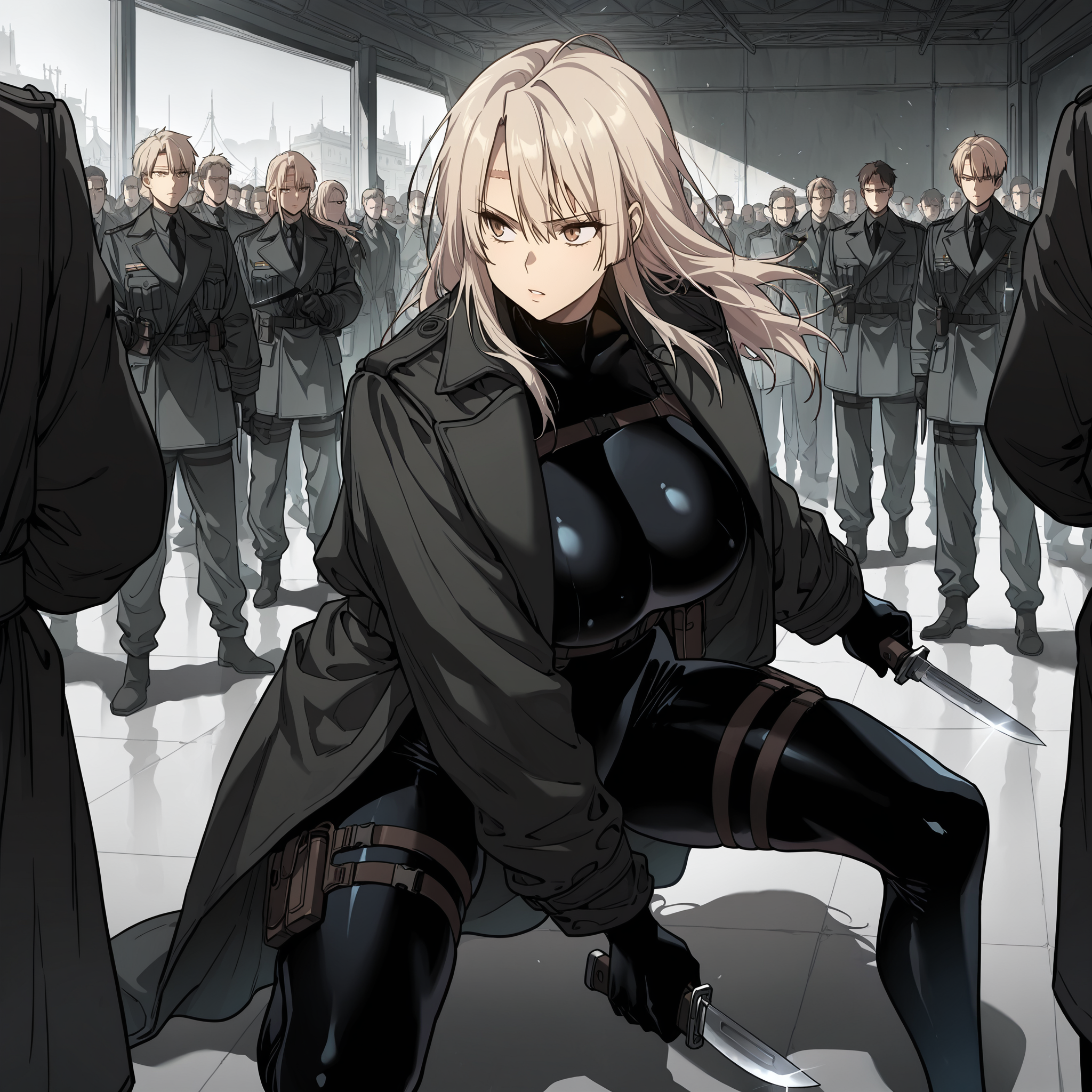 (masterpiece),(best quality),(ultra-detailed),(best illustration),(best shadow),(absurdres),(detailed background),(very aesthetic), 1girl, solo, big breasts, <lora:Rachel_Juvenile_Law__Illustrious:1>, blonde hair, long hair, brown eyes, forehead scar, bodysuit, coat, holding military knife, fighting stance, surrounded by men, crowd of agents