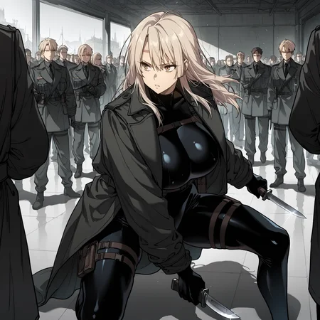 (masterpiece),(best quality),(ultra-detailed),(best illustration),(best shadow),(absurdres),(detailed background),(very aesthetic), 1girl, solo, big breasts, <lora:Rachel_Juvenile_Law__Illustrious:1>, blonde hair, long hair, brown eyes, forehead scar, bodysuit, coat, holding military knife, fighting stance, surrounded by men, crowd of agents