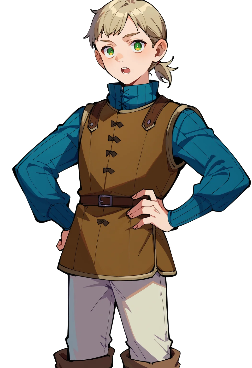 score_9,score_8_up,score_7_up,score_6_up, source_anime,
mickbell, mickbell original outfit, solo, long sleeves, dungeon meshi, green eyes, short ponytail, boots, pants, brown footwear, white pants,
hand on own hip, 
standing, looking at viewer, open mouth, cowboy shot,
white background, simple background,
masterpiece, best quality, very aesthetic, absurdres
<lora:dungeon_meshi_collection_v23:1>