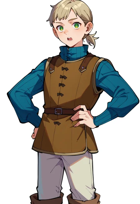 score_9,score_8_up,score_7_up,score_6_up, source_anime,
mickbell, mickbell original outfit, solo, long sleeves, dungeon meshi, green eyes, short ponytail, boots, pants, brown footwear, white pants,
hand on own hip, 
standing, looking at viewer, open mouth, cowboy shot,
white background, simple background,
masterpiece, best quality, very aesthetic, absurdres
<lora:dungeon_meshi_collection_v23:1>