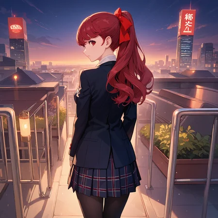 score_9, score_8_up, score_7_up, score_6_up, BREAK source_anime, look at viewer, outdoors, night, city, 1girl, solo, from behind, masterpiece, best quality, high detailed skin, yoshizawa kasumi, yoshizawa school, long hair, ponytail, red hair, hair bow, red eyes, school uniform, shuujin academy school uniform, black jacket, pleated skirt, pantyhose,