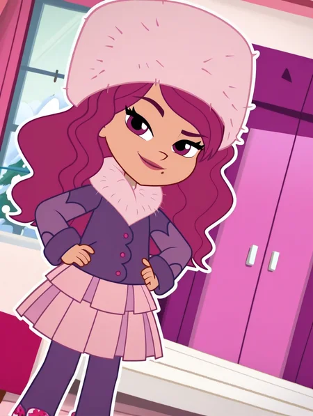 Raspberry_Tart, 1girl, solo, long hair, wavy hair, magenta hair, green headband, raspberry ornament headband, magenta eyes, light tan skin, mole, winter outfit, purple winter coat, fur collar, pink ushanka, purple leggings, pink double pleated skirt, slip-on sneakers, (smile, dutch angle, Hands on hips,naughty pose, looking at viewer, indoors, elegant room, solo, dynamic pose, full_body, head tilt,),((white background, White frame, white outline))