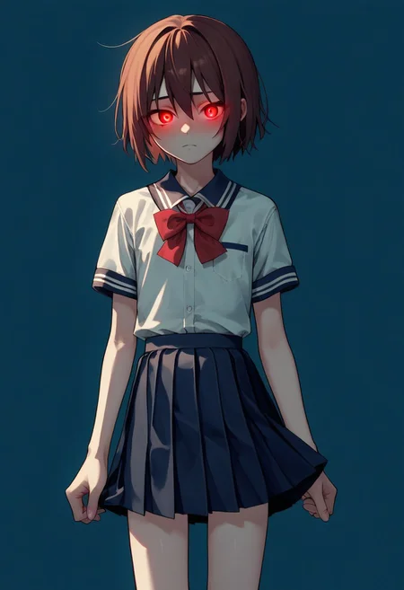Chara,canon, red eyes, brown hair, short hair, blush, red eyes, young, skinny, source_anime,score_9, score_8_up, score_7_up,1girl, solo, androgynous, glowing eyes, school uniform, skirt, shirt,