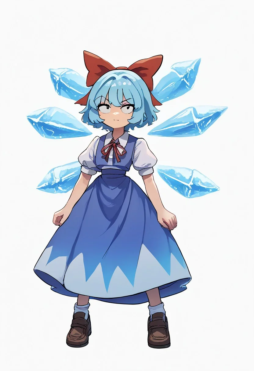 score_9, score_7_up, source_anime, masterpiece, best quality, detailed, perfect, perfection, aesthetic, absurd, detailed,
1girl, cirno, blue hair, short hair, bangs, ice wings,
blue dress, white shirt, puffy sleeves, red ribbon, white socks, brown shoes, abstract ice-themed background, full body