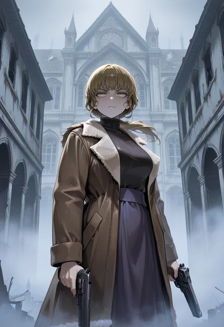 <lora:Karin__Fear__Hunger_Termina:1> karin, holding gun, fog, european architecture, handgun, serious, abandoned,, masterpiece, best quality, amazing quality,