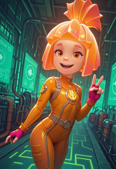 Graphic Design, color art, vibrant colors, colorful, intricate details, high contrast, detailed background, beautiful detailed, beautiful face, detailed eyes, detailed face, new, newest, 1girl, solo, s1mk4, orange hair, topknot, bob cut, orange eyes, bodysuit, fingerless glowes, orange bodysuit, smile, open mouth, v sign, factory, shortstack, small body, (masterpiece, best quality, newest, recent, absurdres),