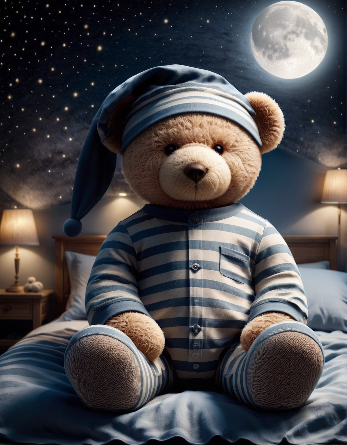 A ais-pyjms teddy bear, tucked into a child's bed, bathed in soft moonlight <lora:ais-pyjms-sdxl:1>, masterpiece, uhd, 4k