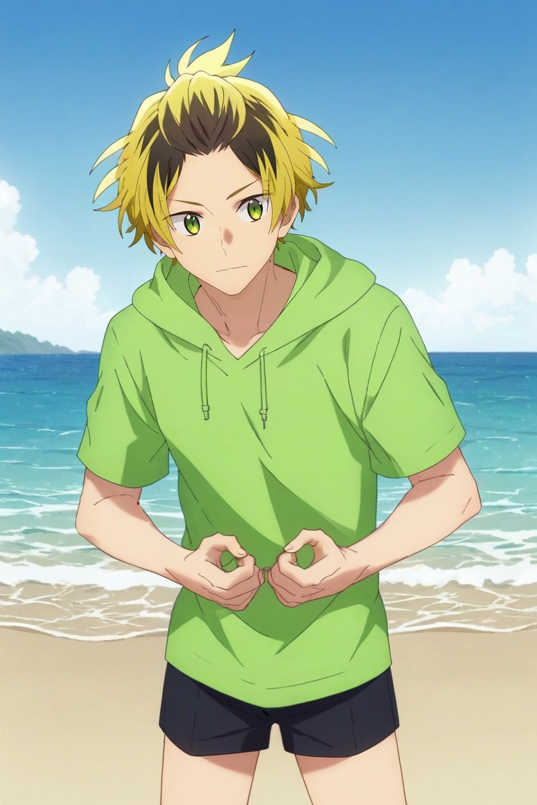 score_9, score_8_up, score_7_up, , rating_safe, , , , , 1boy, solo, male focus, <lora:gonzaburou_tashiro_pony:0.96>, gonzaburou_tashiro, blonde hair, green eyes, short hair, multicolored hair, two-tone hair, streaked hair, black hair, bangs, bangs pinned back, straight-on, full body, beach, ocean, waves, island, day, sunny, victory pose, wavy mouth, , <lora:sdxl_lightning_8step_lora:1>
