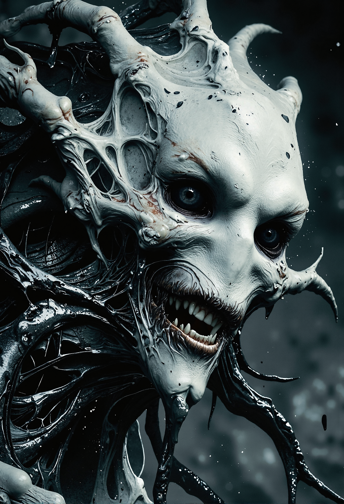 Off-center composition, right-aligned dynamic composition, an other wordly white alien like monstrous creature, erotic female, black glossy fractal skin leather texture, deap sea, slimey, teeths, black eyes, cinematic film still  . shallow depth of field, vignette, highly detailed, high budget, bokeh, cinemascope, moody, epic, gorgeous, film grain, grainy <lora:Dever_Flux_Enhancer.safetensors:0.5>,  <lora:- Flux1 De-Distilled - temp_haunting_cre_1.0.safetensors:0.75>,  <lora:RM_Artistify_v1.0M.safetensors:0.95>,