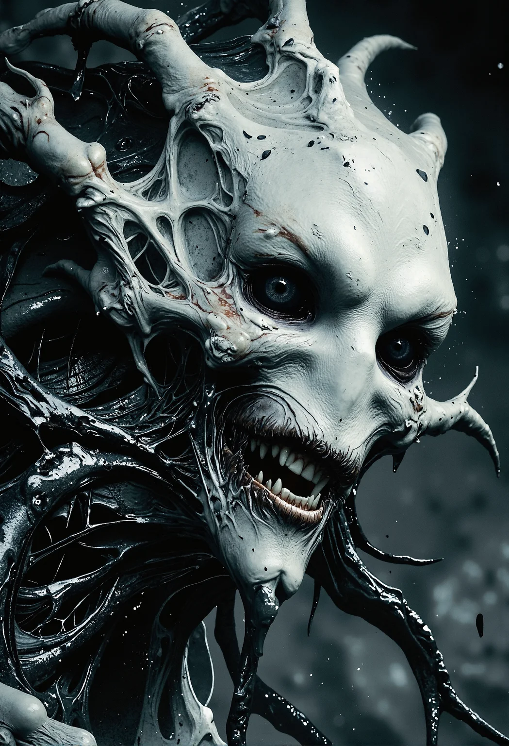 Off-center composition, right-aligned dynamic composition, an other wordly white alien like monstrous creature, erotic female, black glossy fractal skin leather texture, deap sea, slimey, teeths, black eyes, cinematic film still  . shallow depth of field, vignette, highly detailed, high budget, bokeh, cinemascope, moody, epic, gorgeous, film grain, grainy <lora:Dever_Flux_Enhancer.safetensors:0.5>,  <lora:- Flux1 De-Distilled - temp_haunting_cre_1.0.safetensors:0.75>,  <lora:RM_Artistify_v1.0M.safetensors:0.95>,