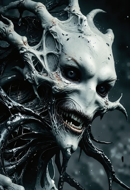 Off-center composition, right-aligned dynamic composition, an other wordly white alien like monstrous creature, erotic female, black glossy fractal skin leather texture, deap sea, slimey, teeths, black eyes, cinematic film still . shallow depth of field, vignette, highly detailed, high budget, bokeh, cinemascope, moody, epic, gorgeous, film grain, grainy <lora:Dever_Flux_Enhancer.safetensors:0.5>, <lora:- Flux1 De-Distilled - temp_haunting_cre_1.0.safetensors:0.75>, <lora:RM_Artistify_v1.0M.safetensors:0.95>,