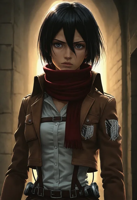 masterpiece, photorealistic,Mikasa Ackerman, (\Attack on Titan\)
, dramatic lighting, dark, foreboding