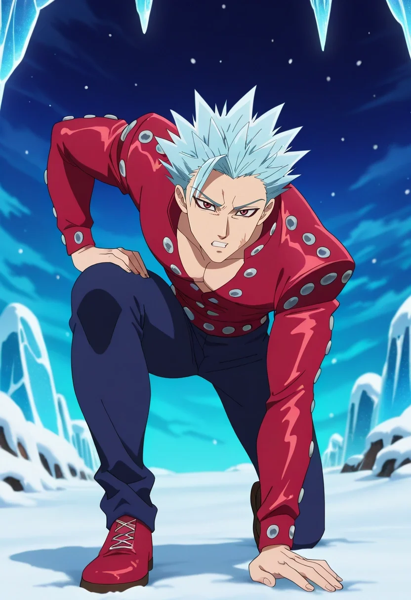 masterpiece, best quality, , anime screencap, anime coloring, , , 1boy, solo, male focus, <lora:ban_nanatsu_no_taizai_ilxl:0.9>, ban_nanatsu_no_taizai, blue hair, red eyes, spiked hair, scar, , frost peak, icy cliffs, snow-filled caverns, frozen trails, climbing pose, determined expression, winter dawn, disco costume
