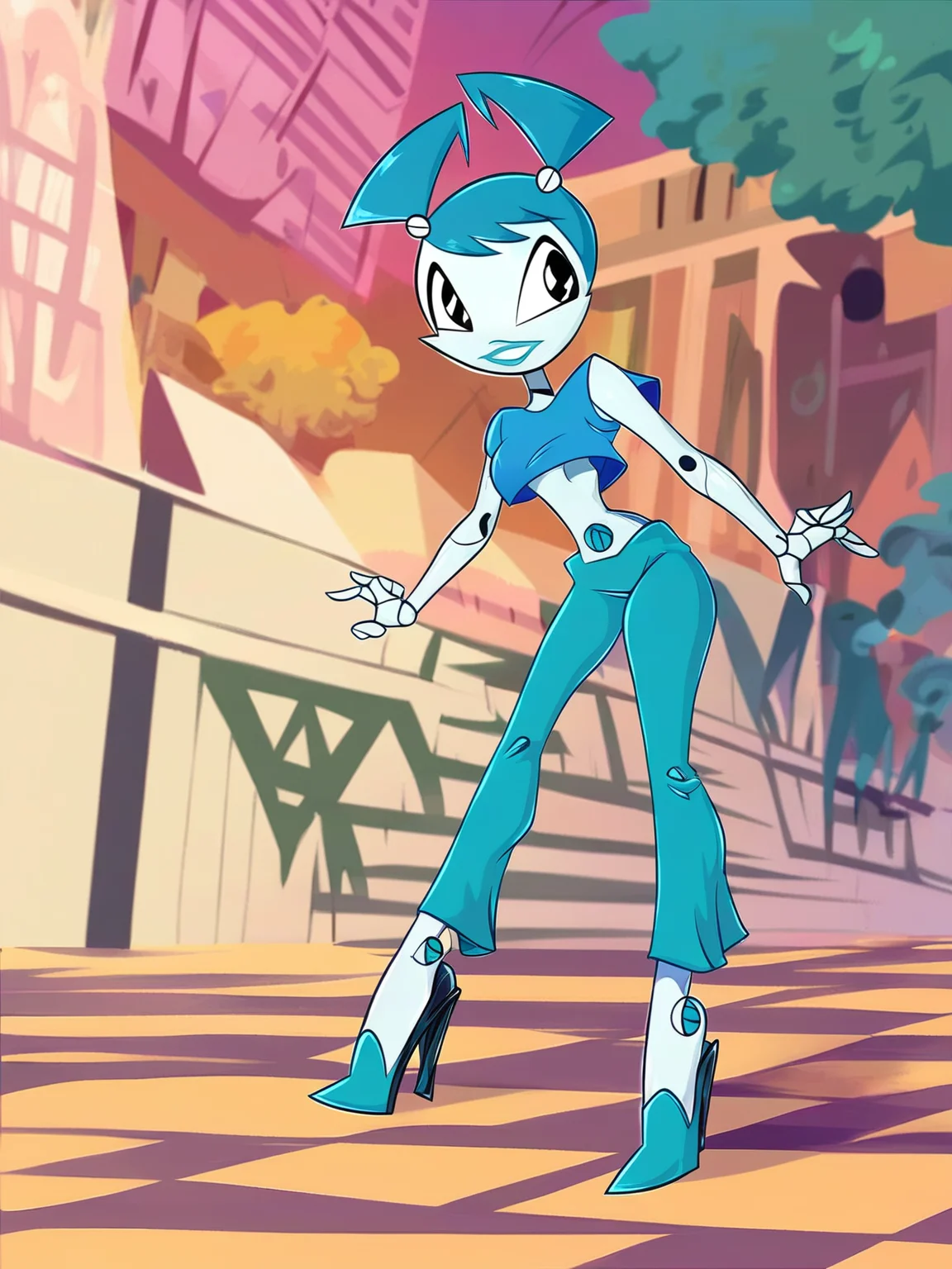 <lora:WinxStyle:1> w_st, <lora:XJ-9:0.7> x_j_9, 1girl, robot, blue hair, black eyes, score_9, score_8_up, score_7_up,