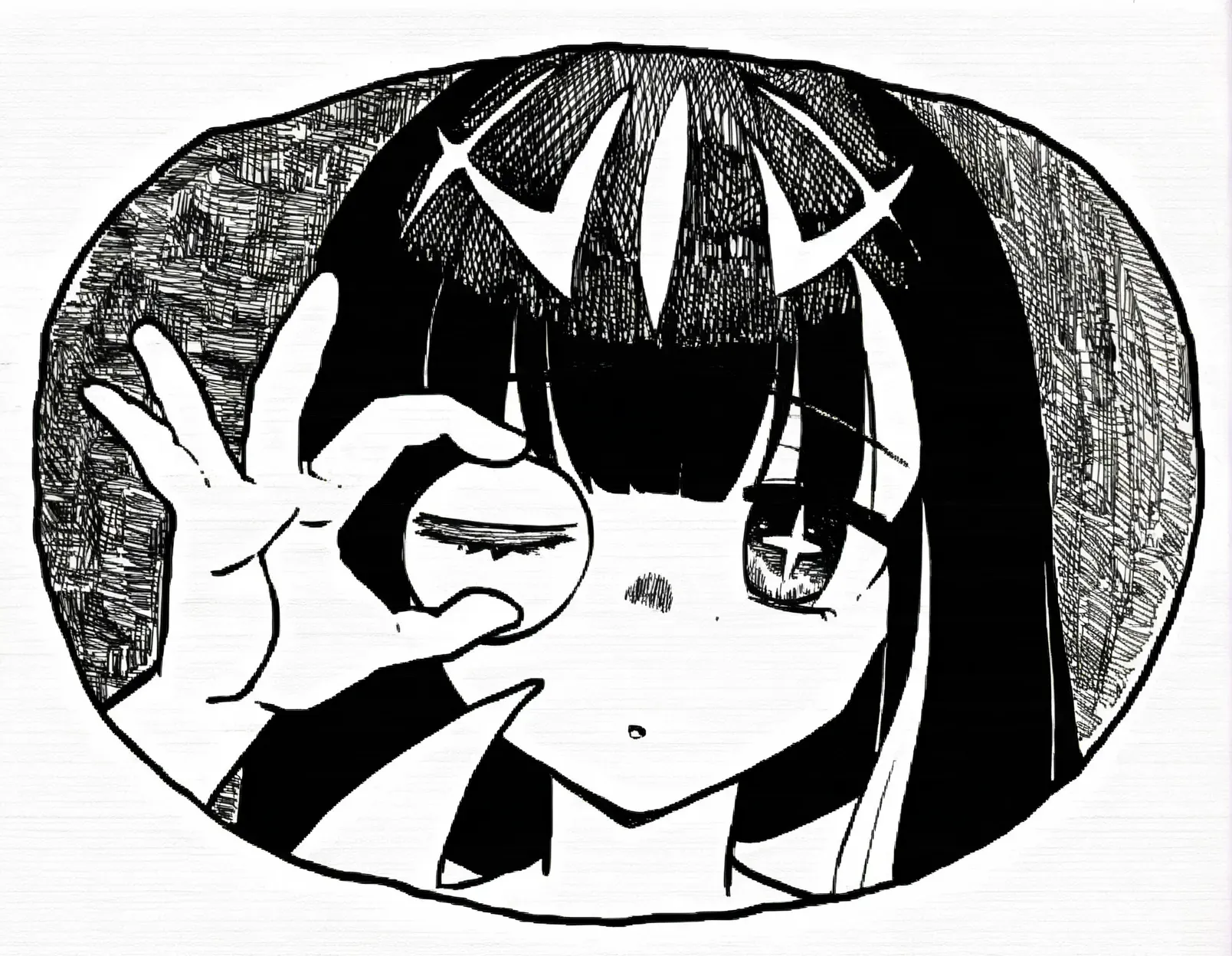 <lora:lo.c-000018:1>,portrait, ok sign over eye,+_+,facing up,head tilt,fisheye,surreal,kishimen hair, monochrome, greyscale, paper texture, fine art parody, traditional media,