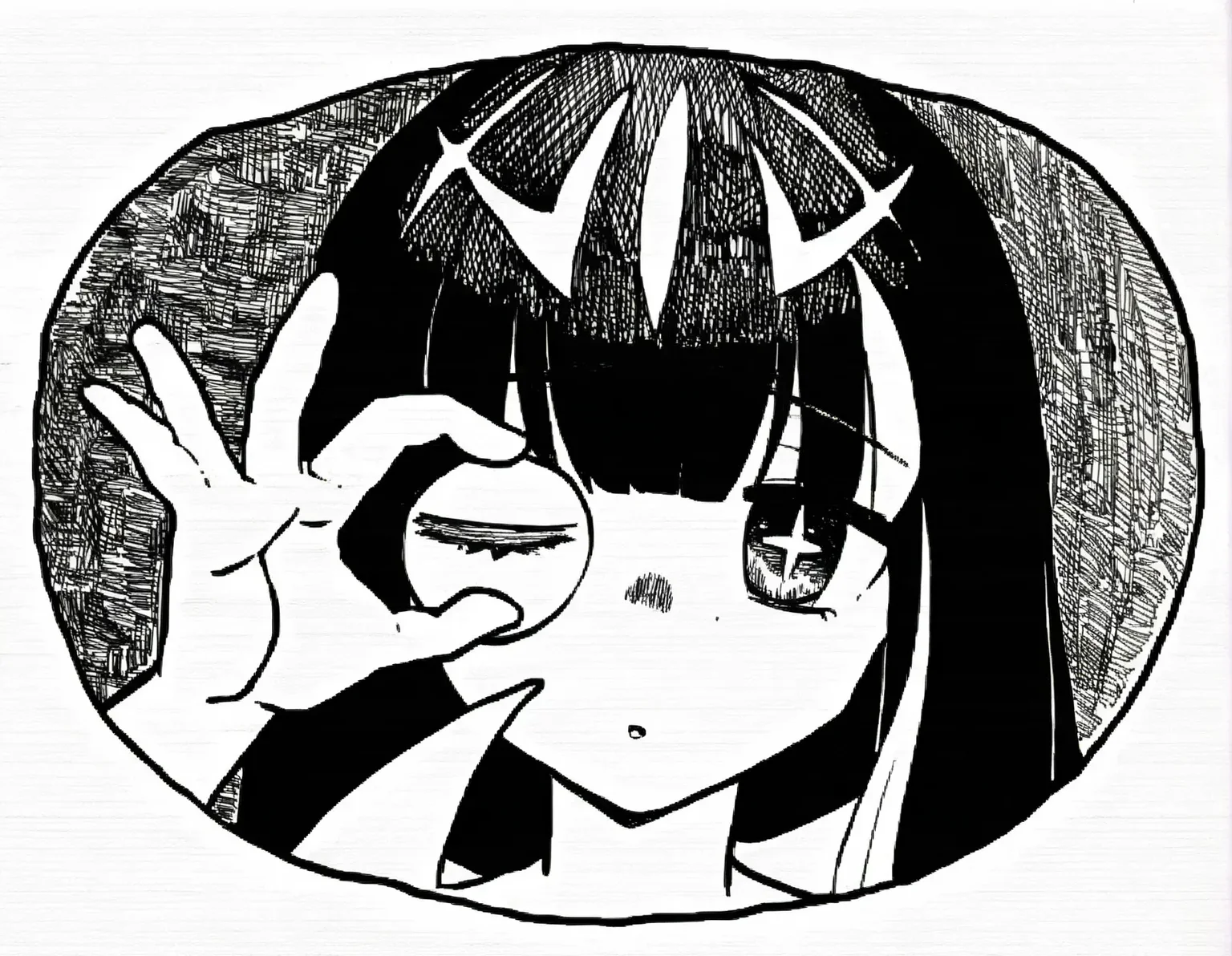<lora:lo.c-000018:1>,portrait, ok sign over eye,+_+,facing up,head tilt,fisheye,surreal,kishimen hair, monochrome, greyscale, paper texture, fine art parody, traditional media,