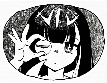 <lora:lo.c-000018:1>,portrait, ok sign over eye,+_+,facing up,head tilt,fisheye,surreal,kishimen hair, monochrome, greyscale, paper texture, fine art parody, traditional media,