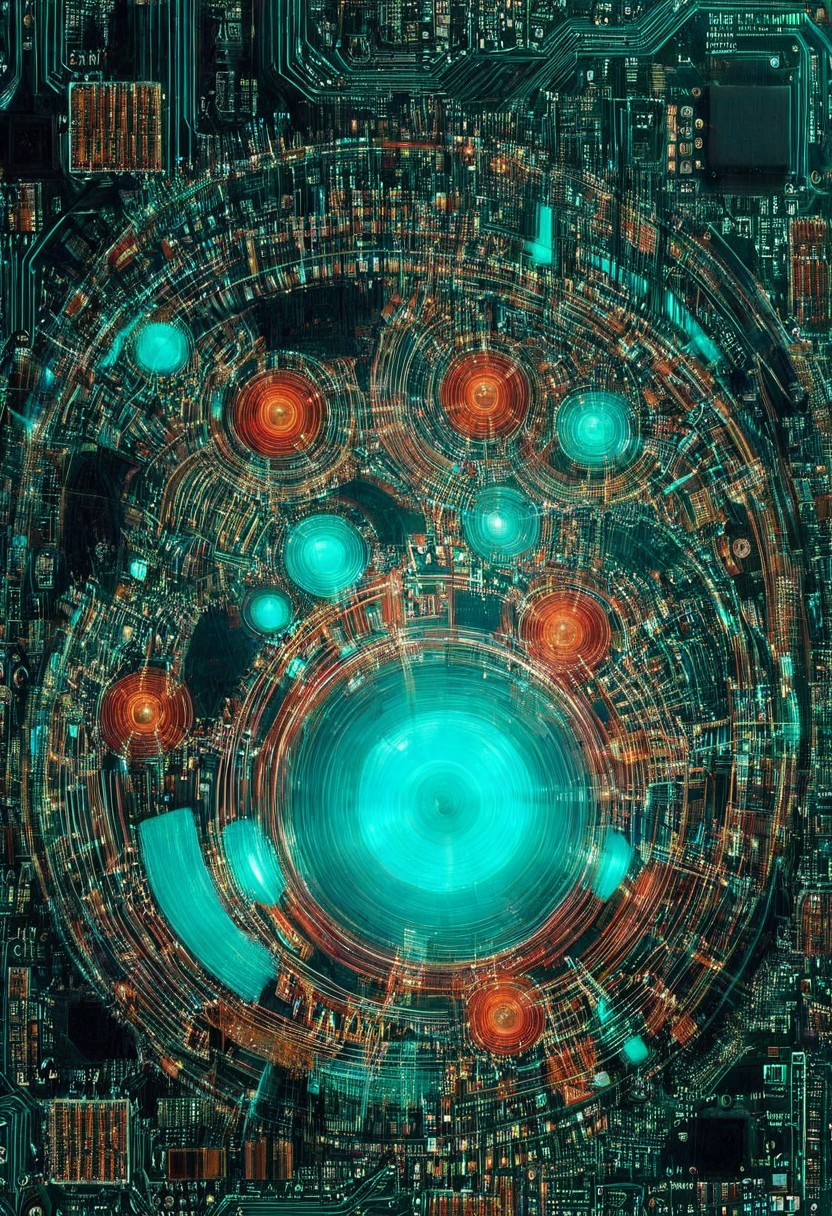 double exposure of opera diva Hatsune Miku with long floating aqua twintails singing high note merging blending  with a printed circuit board of Yamaha electronics chip processor, <lora:DoubleExposure:1>, (head:1.8), <lora:The Phantom of the Opera style:1.5> The Phantom of the Opera style, <lora:loraeyesxl:0.4>