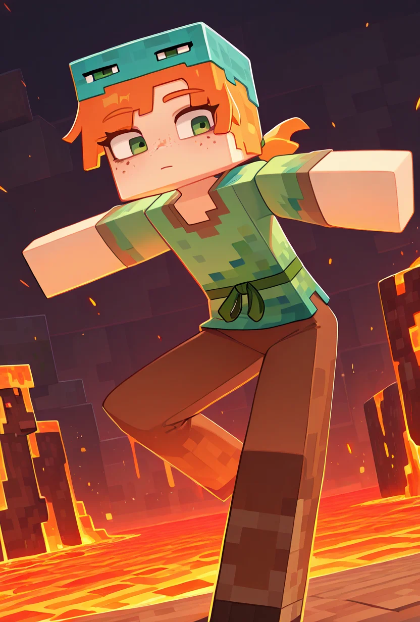 <lora:alexmc-10:1> alexmc, orange hair, 1girl, solo, green eyes, long green shirt, brown pants, short sleeves, freckles, square arms, square body, green waist ribbon,    minecraft nether, minecraft world, lava, red floor, dynamic pose, blue helmet,, masterpiece, best quality, amazing quality, very aesthetic, absurdres, newest,