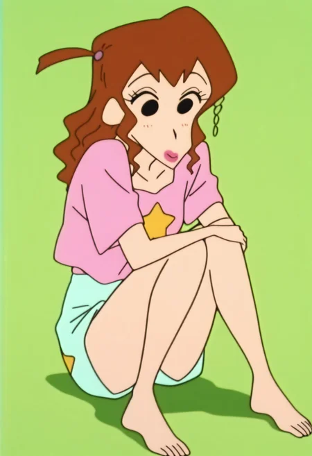 best quality, masterpiece, anime screencap, anime coloring, ultra detailed, source_anime, intricate details, perfect anatomy,
atsuko kutsuzoko, 1girl, solo, long hair, brown hair, black eyes, makeup, lips, lipstick, hair ornament,
barefoot, 1girl, brown hair, solo, star (symbol), star print, green background, shorts, feet,